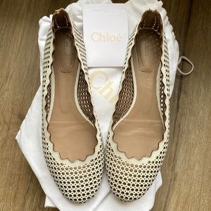 CHLOE Lauren Off White Lasercut Perforated Leather Scalloped Ballet Flats